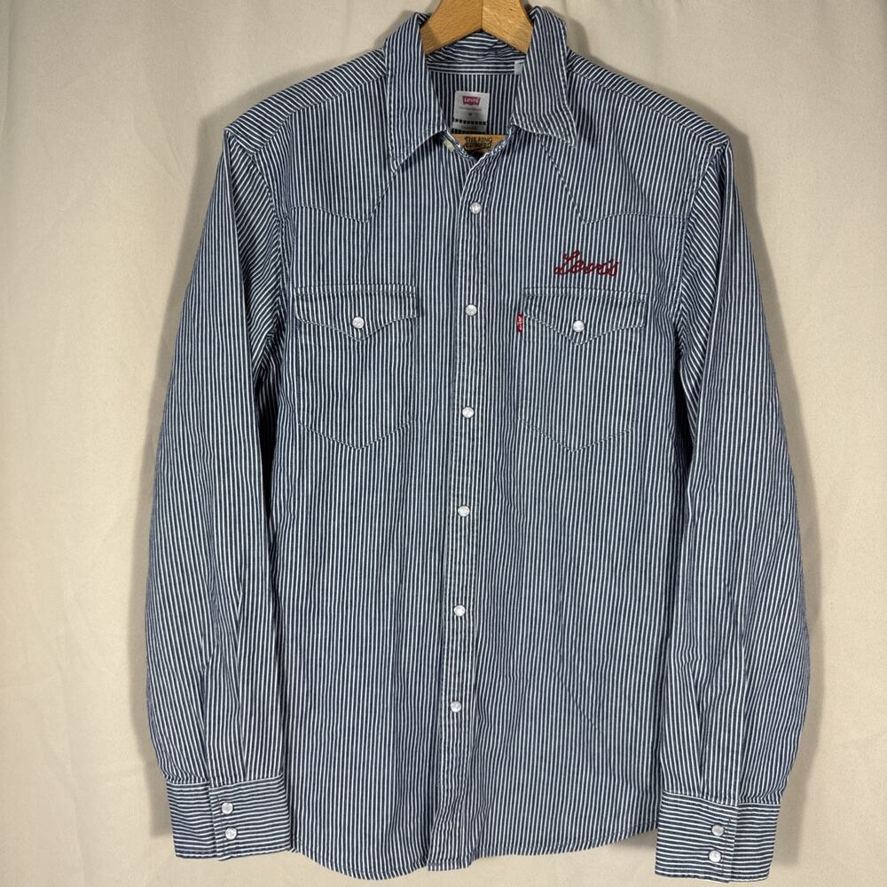 Levi’s Mens M Western Shirt Hickory Stripe Pearl Snap Denim Workwear Cowboy
